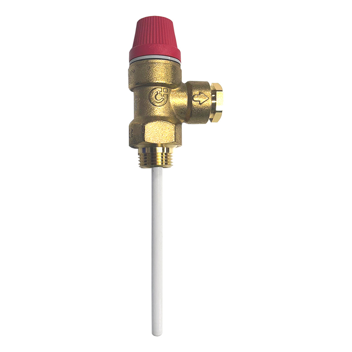 The Caleffi 10 Bar 1/2 inch Pressure & Temperature Relief Valve with a red top, brass body, and white probe on white background